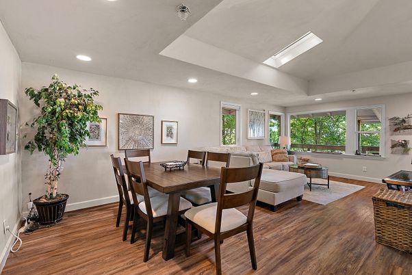 Dining room, Interior, Living room, Recessed Lighting, Wood Texture Flooring