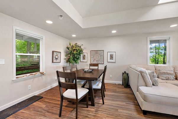 Dining room, Interior, Living room, Recessed Lighting, Wood Texture Flooring