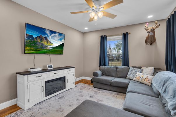 Fireplace, Interior, Living room, Recessed Lighting, Wood Texture Flooring