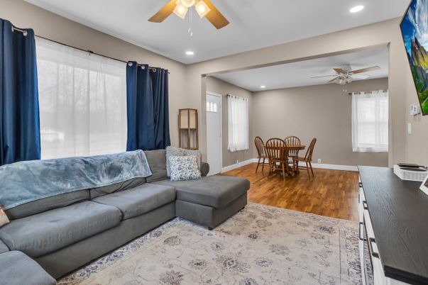 Dining room, Interior, Living room, Recessed Lighting, Wood Texture Flooring