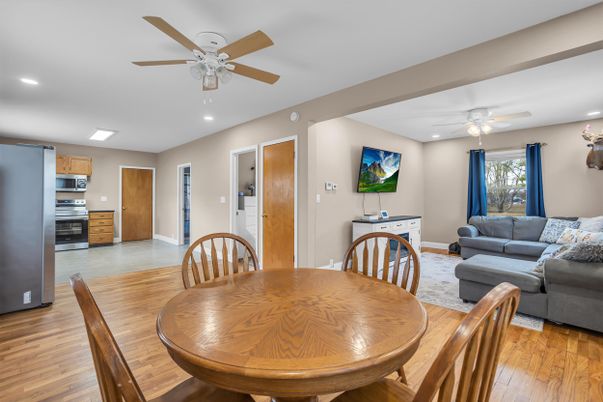 Dining room, Interior, Kitchen, Living room, Recessed Lighting, Stainless Steel Appliances, Wood Texture Flooring