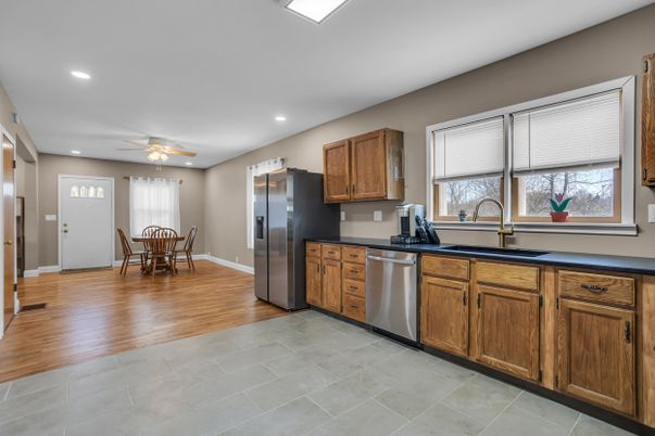 Dining room, Interior, Kitchen, Recessed Lighting, Stainless Steel Appliances, Wood Texture Flooring