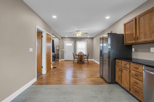 Dining room, Interior, Kitchen, Recessed Lighting, Wood Texture Flooring