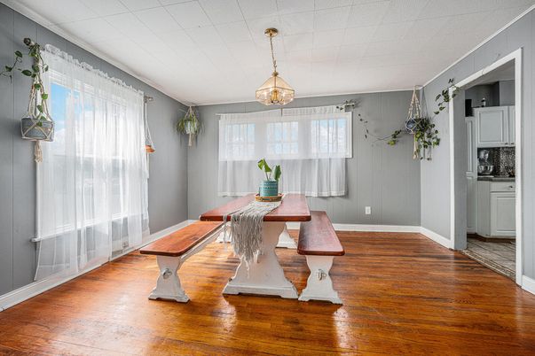 Dining room, Interior, Pendant Lights, Wood Texture Flooring
