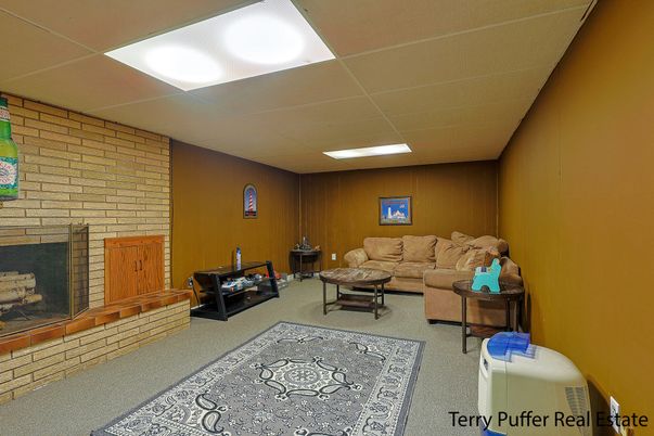 Fireplace, Interior, Living room, Recessed Lighting, Stone Walls