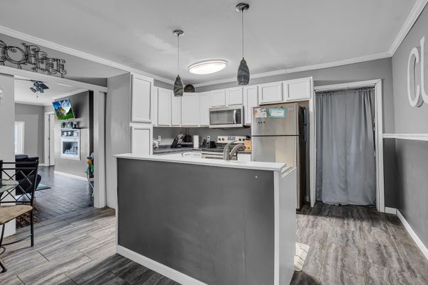 Interior, Kitchen, Pendant Lights, Stainless Steel Appliances, Wood Texture Flooring