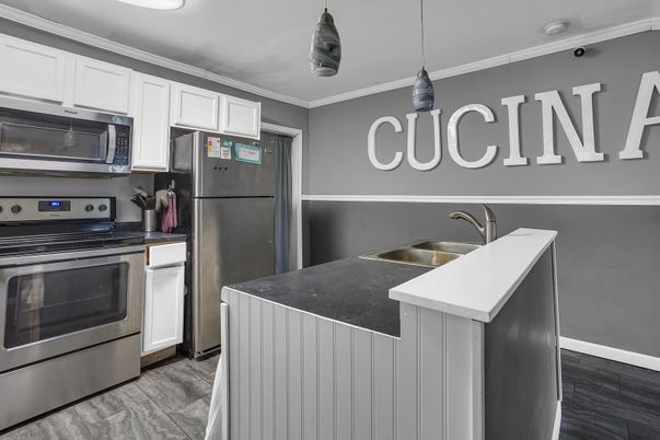 Interior, Kitchen, Pendant Lights, Stainless Steel Appliances, Wood Texture Flooring