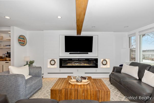 Fireplace, Interior, Living room, Recessed Lighting, Wooden Beams