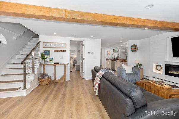 Fireplace, Interior, Kitchen, Living room, Recessed Lighting, Wooden Beams, Wood Texture Flooring