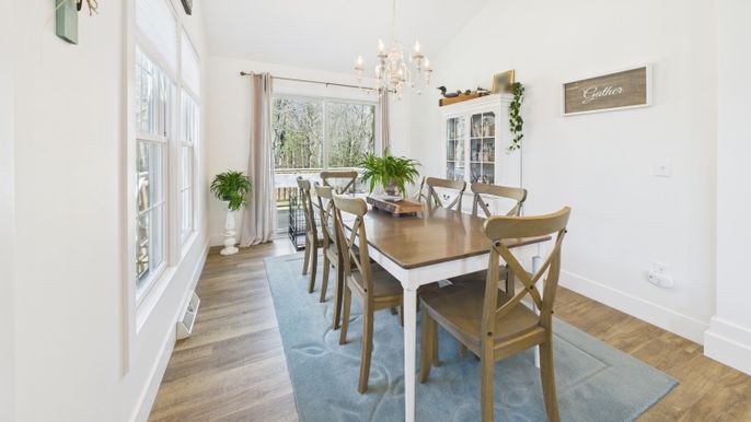 Chandelier, Dining room, Interior, Pendant Lights, Wood Texture Flooring