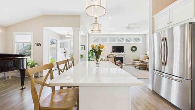 Dining room, Fireplace, Interior, Kitchen, Living room, Pendant Lights, Piano, Recessed Lighting, Stainless Steel Appliances, Wood Texture Flooring