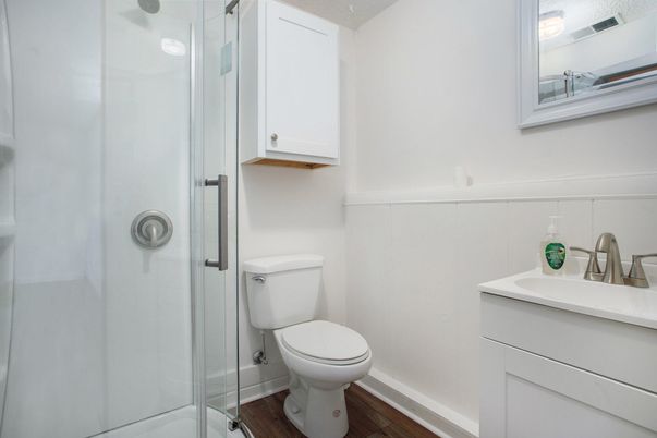 Bathroom, Glass Shower, Interior, Wood Texture Flooring