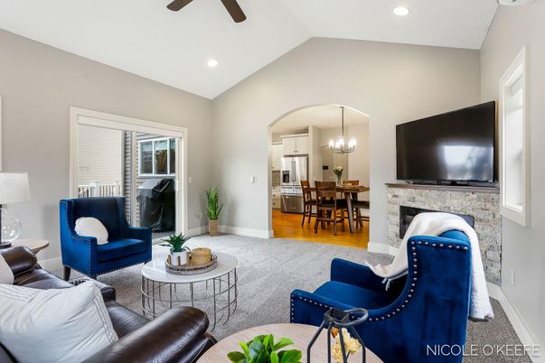 Dining room, Fireplace, Interior, Kitchen, Living room, Recessed Lighting, Wood Texture Flooring