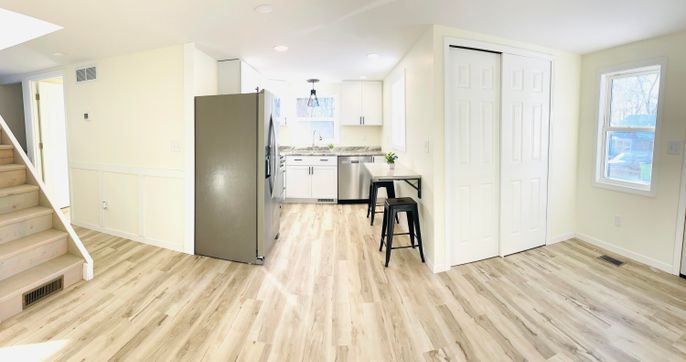 Interior, Kitchen, Recessed Lighting, Wood Texture Flooring