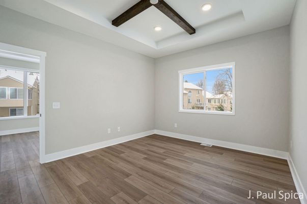Empty room, Interior, Recessed Lighting, Wooden Beams, Wood Texture Flooring