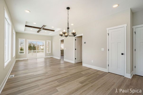 Chandelier, Empty room, Interior, Recessed Lighting, Wood Texture Flooring