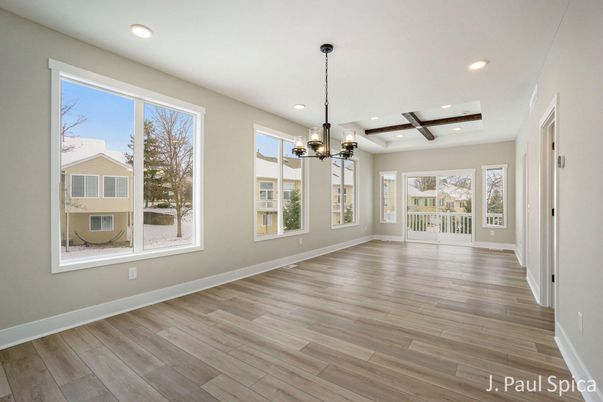 Empty room, Interior, Pendant Lights, Recessed Lighting, Wooden Beams, Wood Texture Flooring