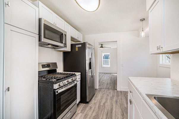 Interior, Kitchen, Pendant Lights, Stainless Steel Appliances, Wood Texture Flooring