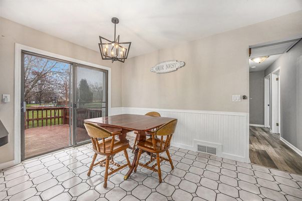 Dining room, Interior, Pendant Lights, Wood Texture Flooring