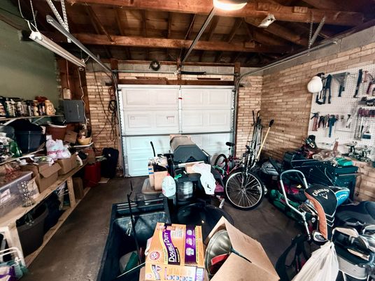 Garage, Interior, Stone Walls, Wooden Beams