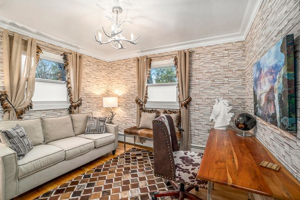 Chandelier, Home Office, Interior, Stone Walls