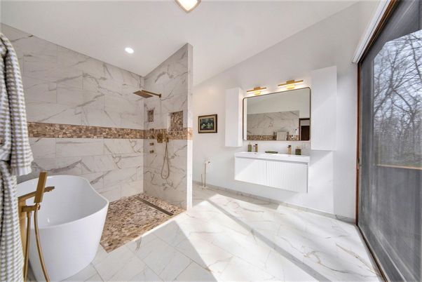 Bathroom, Free Standing Baths, Interior, Marble, Marble Walls, Recessed Lighting