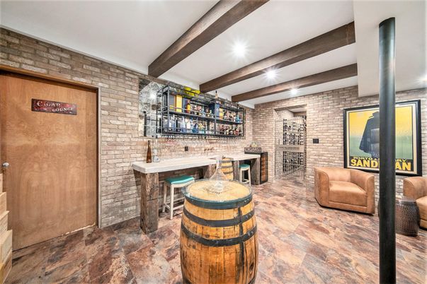 Interior, Recessed Lighting, Stone Walls, Wooden Beams