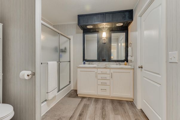 Bathroom, Glass Shower, Interior, Wood Texture Flooring