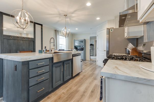 Chandelier, Interior, Kitchen, Pendant Lights, Recessed Lighting, Stainless Steel Appliances, Wood Texture Flooring