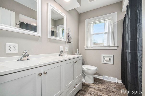 Bathroom, Dual Sink Vanities, Interior, Recessed Lighting, Wood Texture Flooring