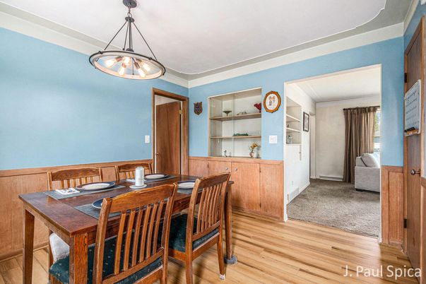 Dining room, Interior, Pendant Lights, Wood Texture Flooring