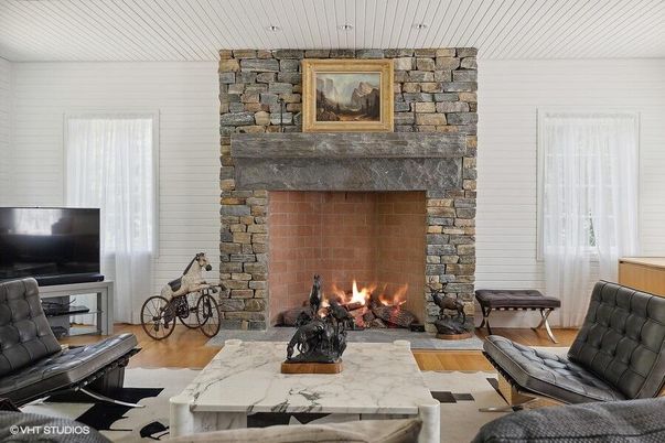 Fireplace, Interior, Living room, Stone Walls, Wood Texture Flooring