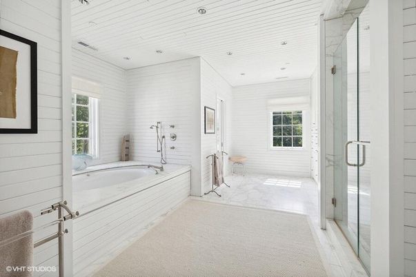 Bathroom, Glass Shower, Interior, Marble, Marble Walls, Recessed Lighting