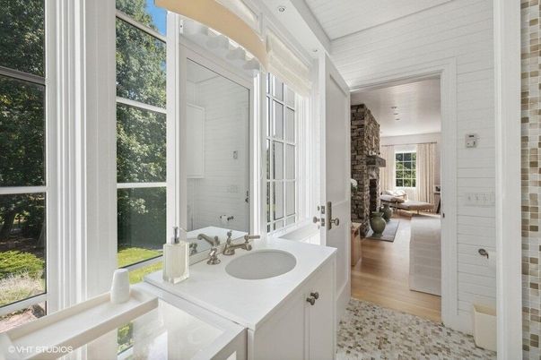 Bathroom, Interior, Stone Walls, Wood Texture Flooring