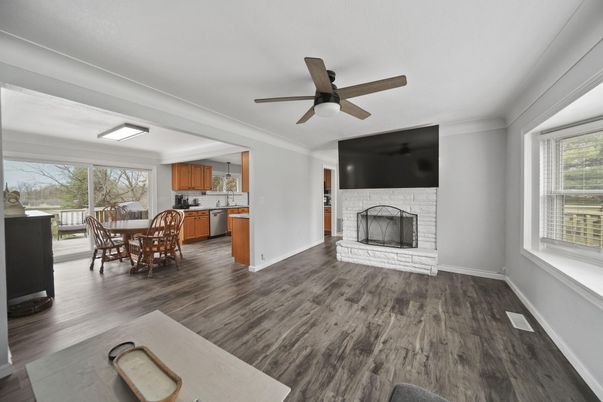 Dining room, Fireplace, Interior, Kitchen, Wood Texture Flooring