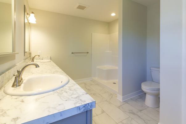 Bathroom, Dual Sink Vanities, Interior, Marble, Recessed Lighting