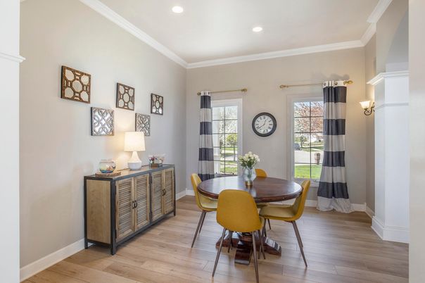 Dining room, Interior, Recessed Lighting, Wood Texture Flooring