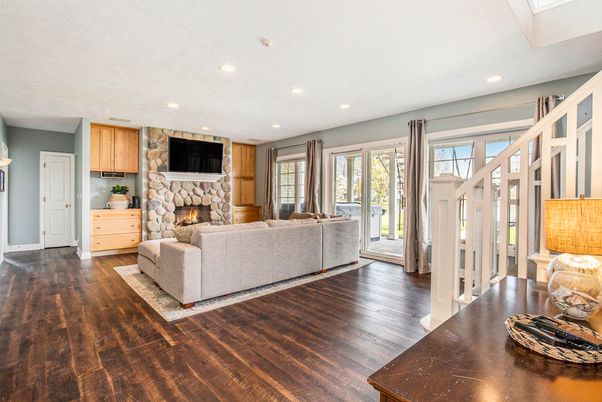 Fireplace, Interior, Living room, Recessed Lighting, Wood Texture Flooring