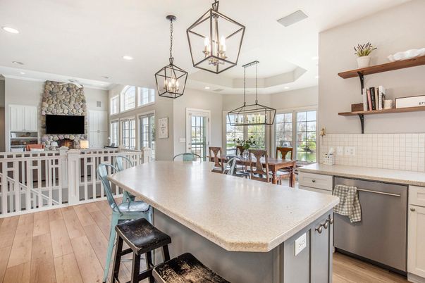 Dining room, Interior, Kitchen, Pendant Lights, Recessed Lighting, Wood Texture Flooring