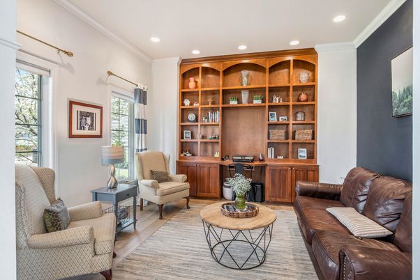 Home Office, Interior, Living room, Recessed Lighting, Wood Texture Flooring