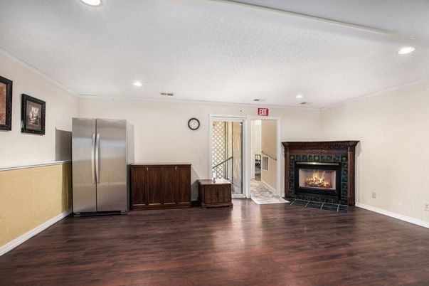 Empty room, Fireplace, Interior, Recessed Lighting, Wood Texture Flooring