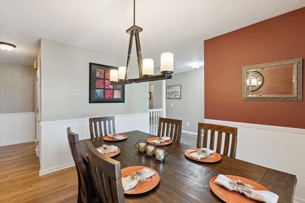 Dining room, Interior, Pendant Lights, Wood Texture Flooring