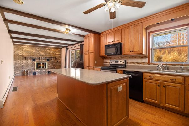 Fireplace, Interior, Kitchen, Stone Walls, Wood Texture Flooring