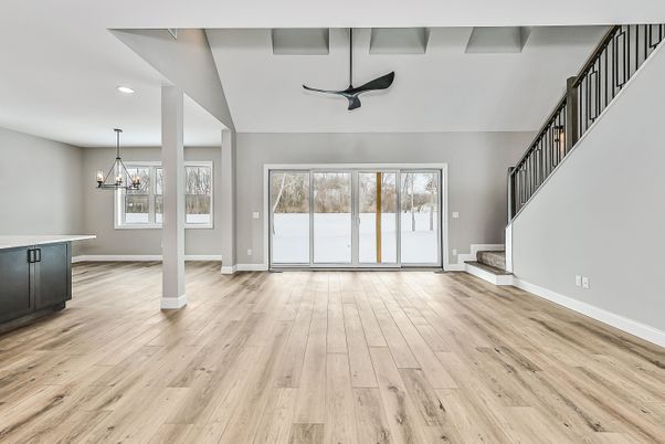Chandelier, Empty room, Interior, Pendant Lights, Recessed Lighting, Wood Texture Flooring