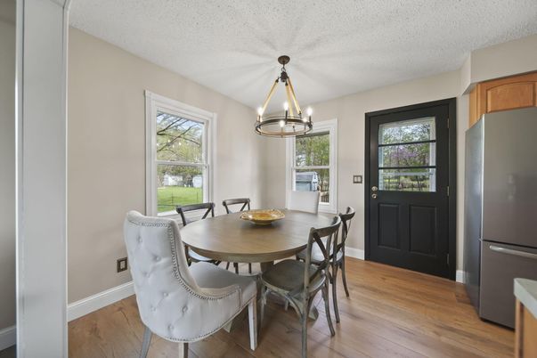 Dining room, Interior, Pendant Lights, Wood Texture Flooring