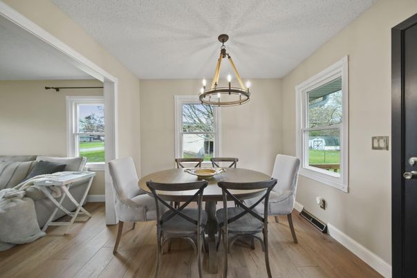 Dining room, Interior, Pendant Lights, Wood Texture Flooring