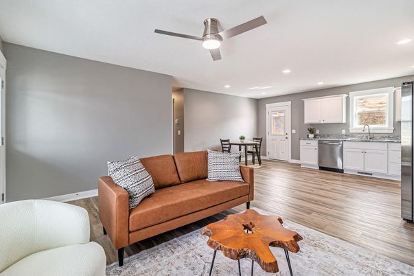 Dining room, Interior, Kitchen, Recessed Lighting, Stainless Steel Appliances, Wood Texture Flooring