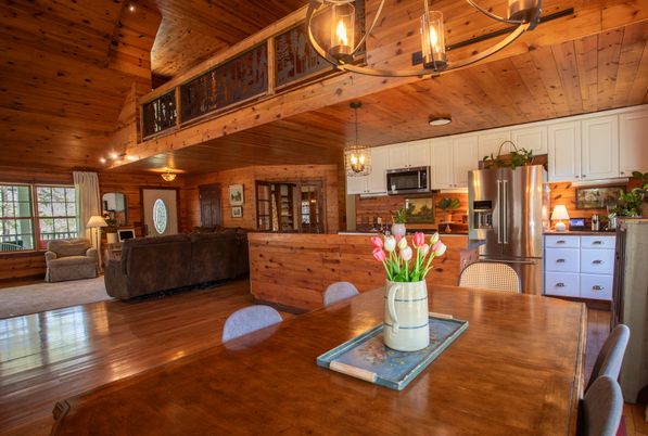 Dining room, Interior, Kitchen, Living room, Pendant Lights, Stainless Steel Appliances, Wooden Beams, Wooden Ceilings, Wood Texture Flooring, Wooden Walls