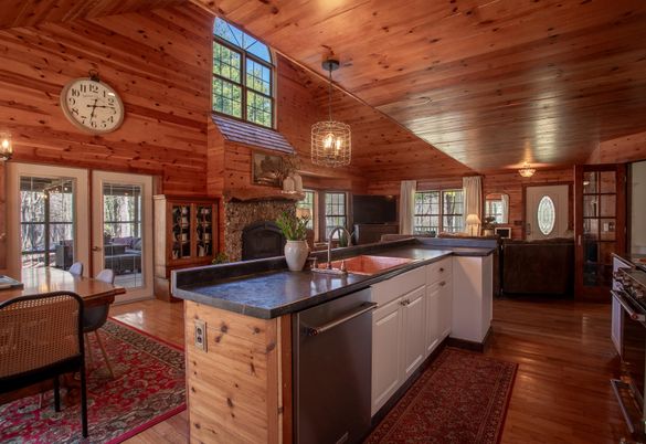 Fireplace, Interior, Kitchen, Pendant Lights, Wooden Ceilings, Wood Texture Flooring, Wooden Walls