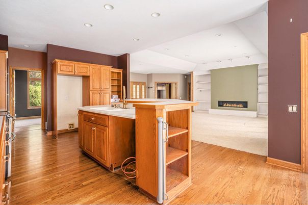 Fireplace, Interior, Kitchen, Recessed Lighting, Wood Texture Flooring
